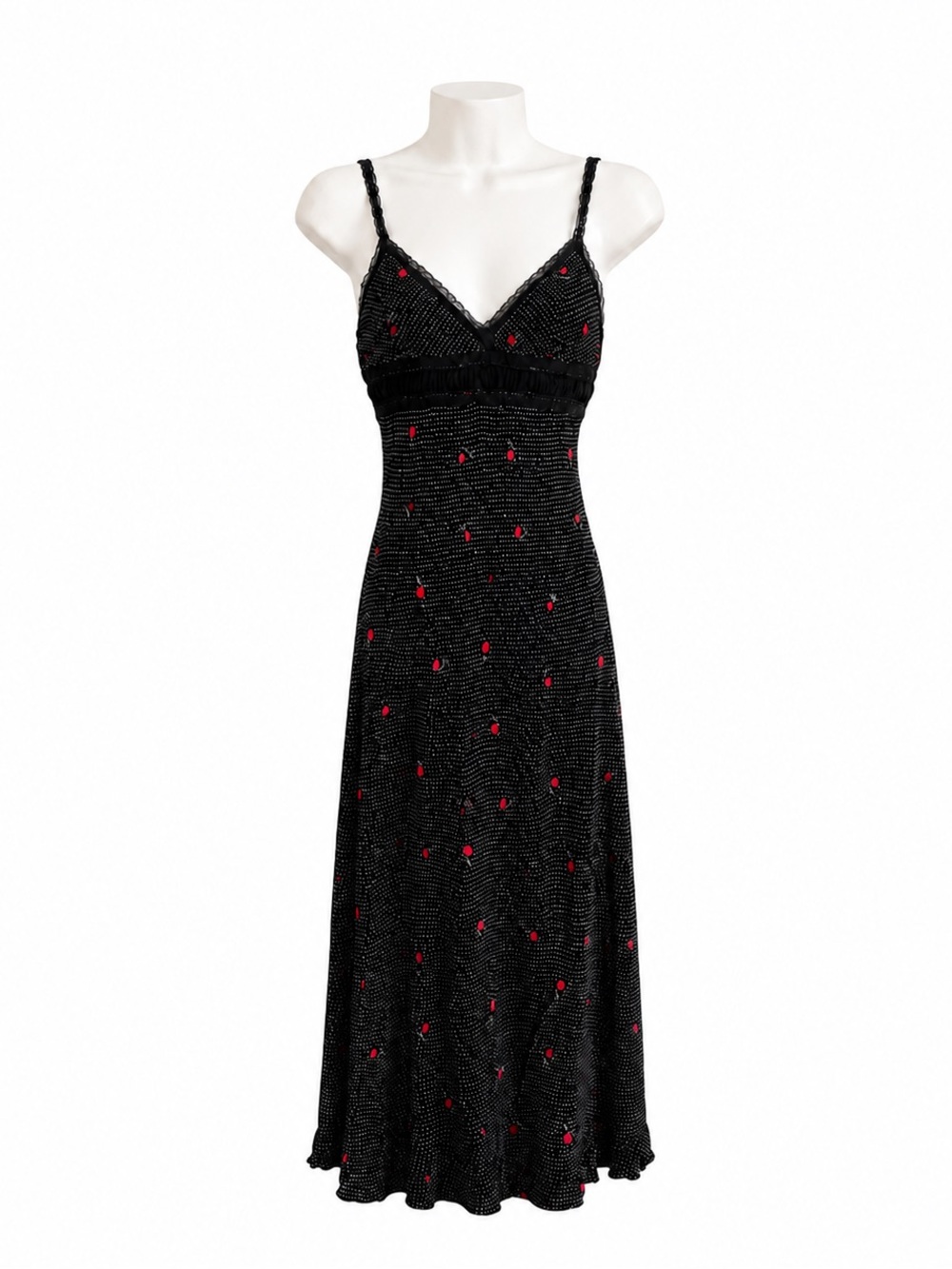 Size 6 Urban Outfitters Black Polka Dot Rose Lace Trim Maxi Slip Dress